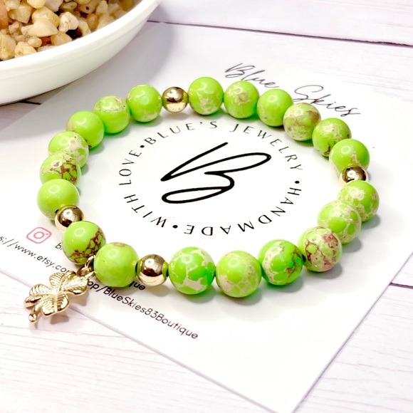 Stability Lime Green Sea Sediment Jasper & 14K Gold Coated Hematite Jewelry Set - Picture 4 of 6
